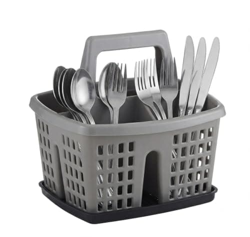 Cutlery Organiser Caddy with Handle, Multicolour, 18.5x15.5x17cm | 4-Compartment Design, Detachable Drip Tray, Ventilated Basket, Portable Carry Handle, Countertop Storage