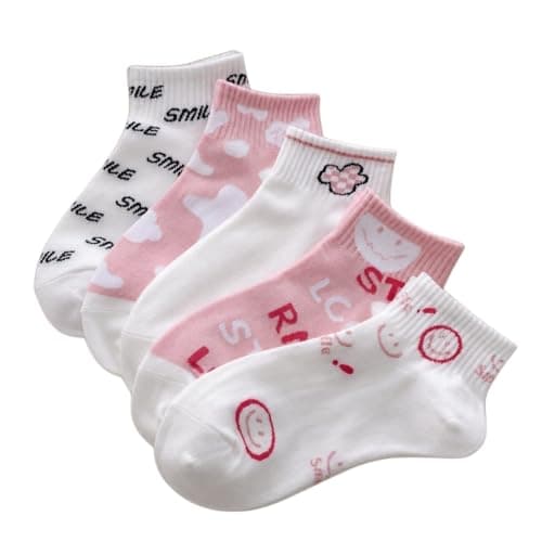 Women's Ankle Socks, Pink and White, Smile Print, 3 Pairs | Assorted Designs, Low Cut Style, Floral Detail, Letter Print, Smiley Face Pattern