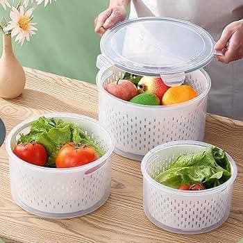Generic Round Fruit and Vegetable Draining Storage Container Set, Food-Grade Plastic, 3 Pieces, Microwave and Dishwasher Safe, Fridge Preservation, .kl