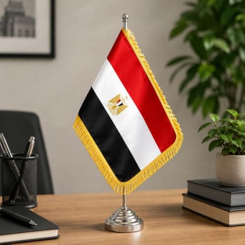 Egypt Desktop Table Flag Gold Felt 18 x 29 cm With 40 cm Metal Pole And Weighted Base Premium National Desk Banner Decorative Office Home Conference Display (SILVER)