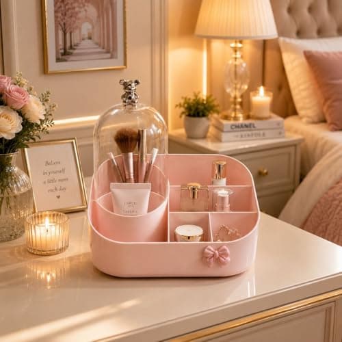 Generic Divided Makeup and Brush Organiser, High-Quality, Pink, with Clear Dome Cover, Vanity Storage, .Ais Caddy