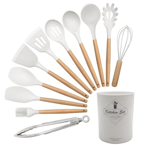 12 Piece Silicone Kitchen Utensils Set with Durable Wooden Handles and Heat Resistant Holder Bowl Designed to Meet All Your Different Cooking Needs in Modern Kitchen Food spatula