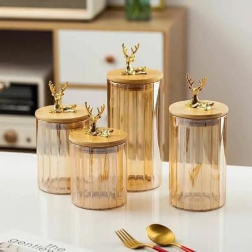 Generic 4-Piece Ribbed Glass Jar Set with Wooden Lid, Honey, .db
