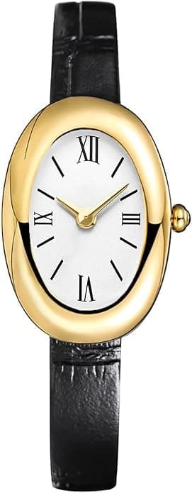 Women's Elegant Oval Watch with Comfortable Leather Strap, Precise Quartz Movement, Slim Fit for Daily and Formal Looks, Adds a Sophisticated Touch to Your Wrist (Black)
