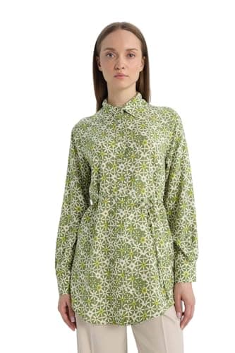 DeFacto Woman Regular Fit Shirt Neck CNS Woven Top Long Sleeve Tunic E1758AX,Green L