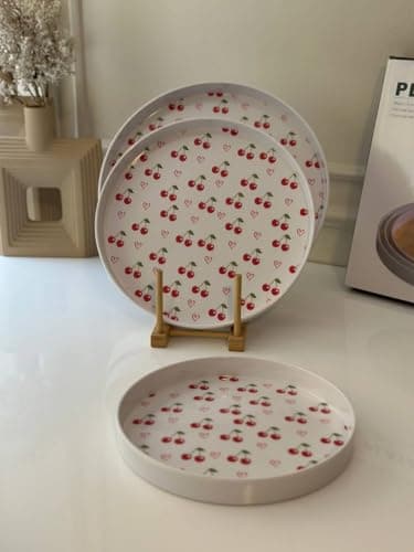 Generic Round Melamine Serving Tray Set, White with Cherry and Heart Pattern, 3-Piece Set, .em