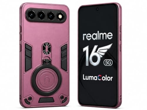 Case Compatible with REALME 16 5G Dual Layer Protective Shockproof Hard Armor Cover 360° Rotating Finger Ring Kickstand and Car Magnetic Mount, RED WINE