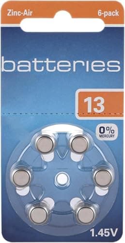 13 Zinc Air Hearing Aid Battery Pack of 6 (1 Pack) Size 13, Orange, 1.45V