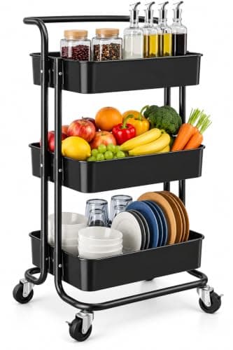 Metal Storage Cart 3 Shelves with Wheels - Movable Organizer for Kitchen, Bathroom, Living Room, Office - Spacious Shelves to Keep Tools and Supplies - with Handle for Easy Movement KH Utility cart wagon