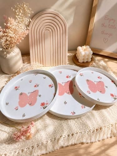 Generic Melamine Serving Tray Set, Butterfly and Floral Design, Lightweight, 3 Pieces in Different Sizes, .Ais