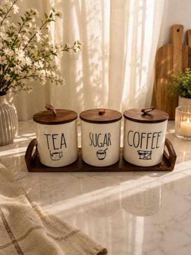 Generic Tea, Sugar and Coffee Canister Set with Wooden Lids and Serving Tray, 3 Piece, .Ais Food storage container