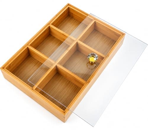 Bamboo Wooden Rectangle Tasley Plate with 6 Compartments and Acrylic Cover - Nut Organizer and Hospitality C