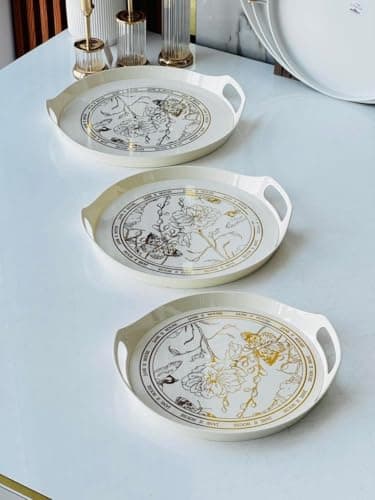 Generic Round Decorative Serving Tray Set, White, Shatter-Resistant Plastic, High Edges, 3 Pieces, .bs