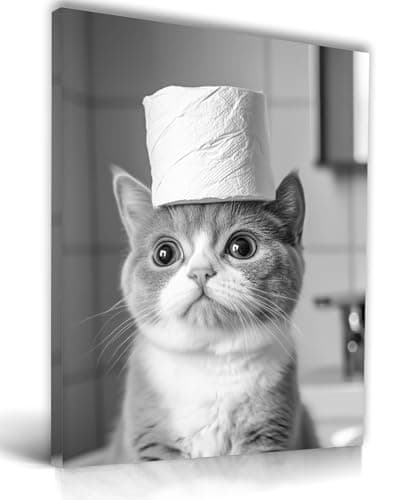 UPWOIGH Funny Cat Bathroom Wall Art 12x16 Inches | Pet wall decor with playful toilet paper hat for powder room, guest bathroom and small toilets