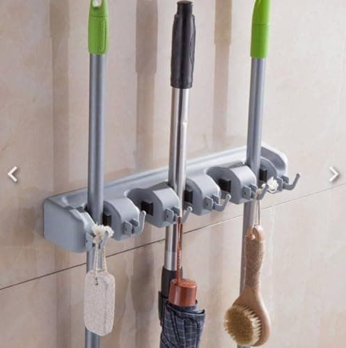 Generic Wall-Mounted Mop and Broom Holder, Grey, 5 Slots with 5 Hooks for Cleaning Supplies, Dustpans, and Brushes, .ht
