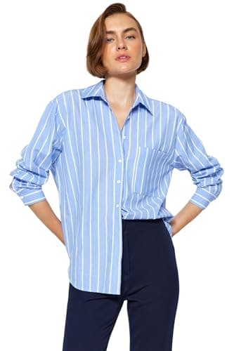 Trendyol Womens Blue Striped Pocketed Oversize/Wide Fit Woven Shirt TWOAW24GO00033 Shirt (pack of 1)