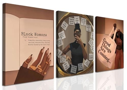 Set of 3 Black Girl Wall Art African American Woman Wall Decor Paintings Fashion Women Canvas Poster Prints Black People Pictures for Bedroom Living Room Bathroom (Black, Framed 12x16 inch, Wrapped