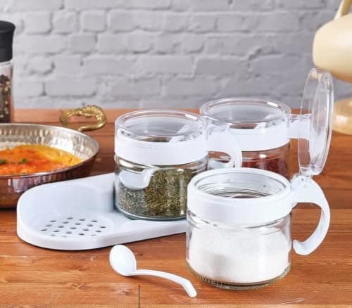 Generic 3-Piece Glass Spice Jar Set on Stand, White, .F