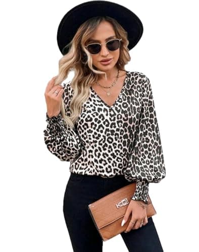 Womens Leopard Print Lantern Sleeve Long Sleeve Blouse Work Outdoor Blouse Shirt
