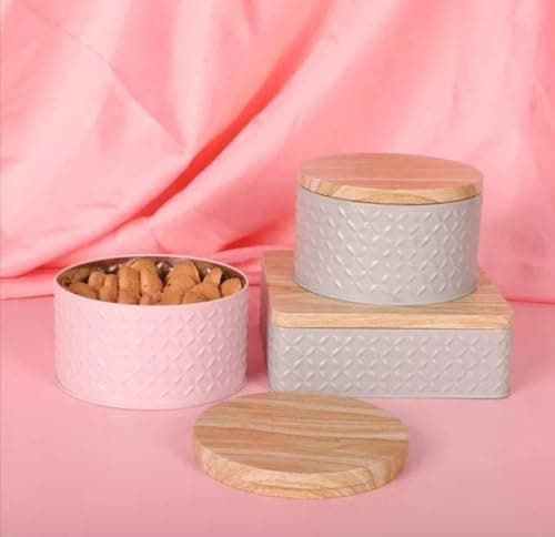 Generic Metal Storage Canister Set with Wooden Lids, White, for Biscuits, Sweets and Chocolates, 2 Pieces, .sew