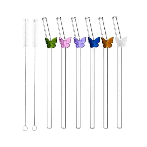 LUMOOM Pack of 6 Glass Straws with Motif, Long Glass Straws, Reusable Straws, with 2 Cleaning Brushes, for Cocktails, Smoothie, Coffee (Butterfly) Drinking straw