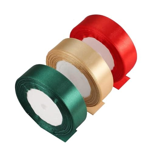 Satin Ribbon 22 m x 25 mm Decorative 3 Rolls, Wide Satin Bow Ribbon, Gift Ribbon, Decoration Ribbon for Crafts, Christmas, Wedding, Cake Packaging, Party, Birthday (Red, Green, Gold)