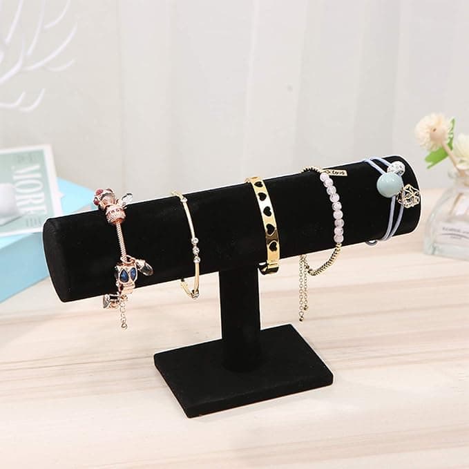 W.S Jewelry Organizer Stand for Women - T-Bar Bracelet, Watch & Hair Tie Storage Display Rack with Travel-Friendly Design (BLACK)