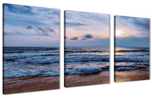 Skills Canvas Wall Art - Sand Beach with Sea Waves Crashing Under Cloudy Skies - Wall Art for Living Room, Bedroom, Office Decorations & More (30cm x 40cm x 3pcs)