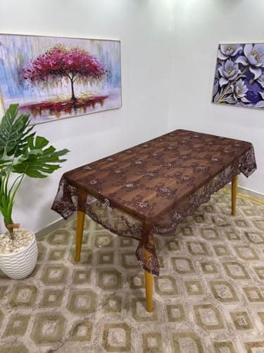 Generic Lace Tablecloth, Brown, Floral Embroidered, Heavy Luxurious Fabric, Classic Style, Rectangular, .reh