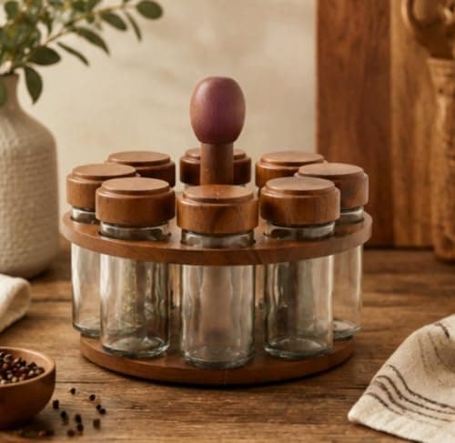 Generic Rotating Spice Set, 8 pieces + rotating stand, Material: Pure glass; high-quality beech wood lids and stand, Suitable for organizing all types of spices; easy to clean and use, .ar