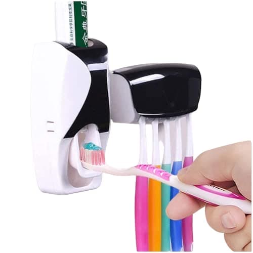 Chantix Toothbrush Holder with Cover Automatic Toothpaste Dispenser Set Dustproof with 3M Sticky Suction Pad Wall Mounted Kids Hands Toothpaste Squeezer for Washroom (Color May Vary, Plastic)