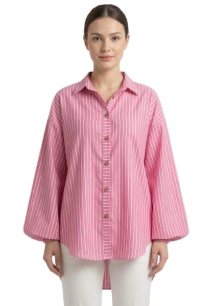 Women's Pink Striped Oversized Button-Down Shirt | Balloon Sleeves, Relaxed Fit, Spread Collar, Hi-Low Hem, White Pinstripe