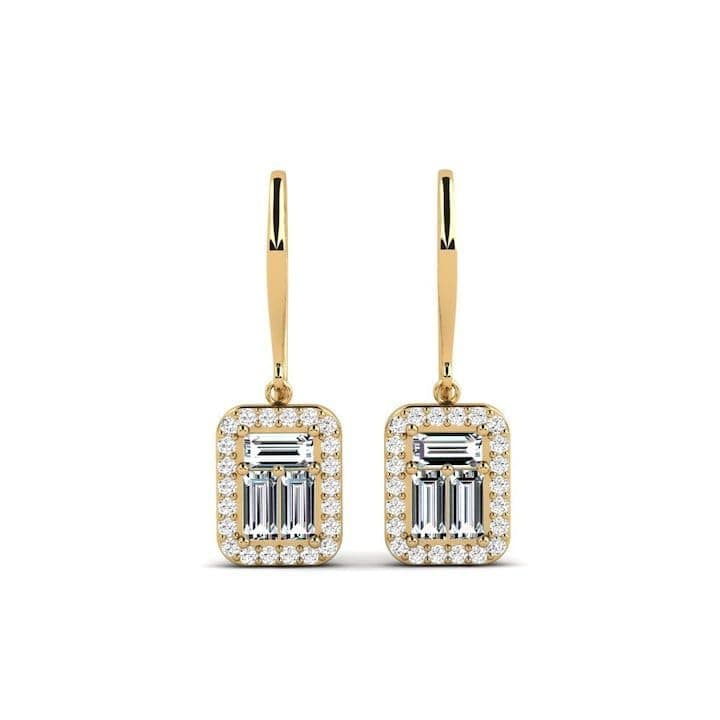 Halo Dangle Earrings, Yellow Gold, Baguette Stones with Round Details, Elegant Jewelry for Occasions
