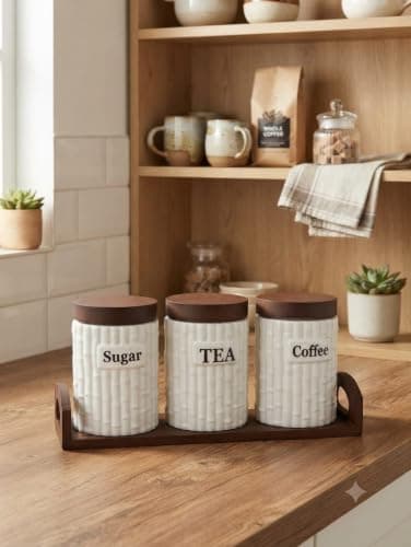 Generic High-quality porcelain spice set, The set includes 3 jars and a bamboo wood base, Airtight lids featuring silicone seals to prevent leakage, 500 ml capacity, .ri