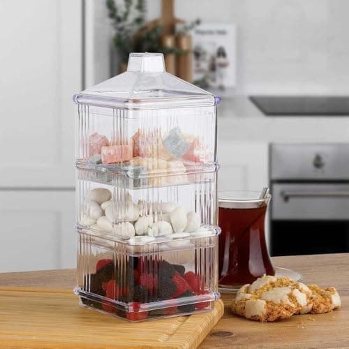 Generic 3-Tier Stackable Clear Square Candy Container Set, Multi-Purpose for Tea, Sweets, Nuts, Cheese and Salads, 3 Pieces, .db