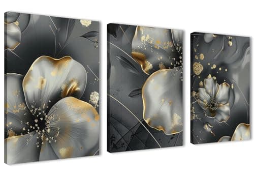 NOVA ART Abstract Canvas Wall Art Large Flowers Pictures Golden Details on Grey Background Wall Decor for Bedroom Living Room Office Etc Modern Home Decor 30cm x 40cm x 3pcs