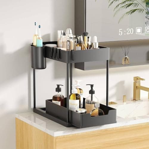 Generic 2-Tier Under-Sink Organiser with Metal Legs, Pull-Out Drawer, Hooks, for Bathroom and Kitchen Cabinet Storage, .kit