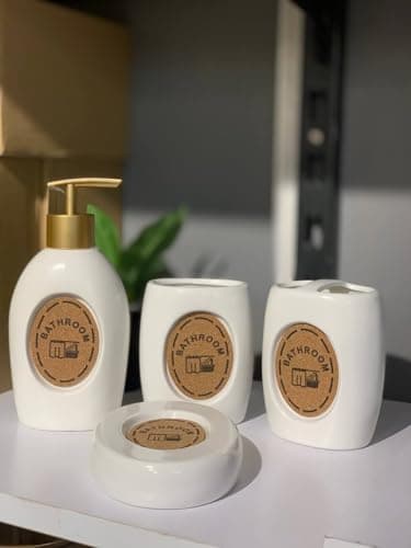 Generic Matte Porcelain Bathroom Accessory Set, White with Gold Finish, Cork Detail, 4 Pieces, .soh Bathroom container set