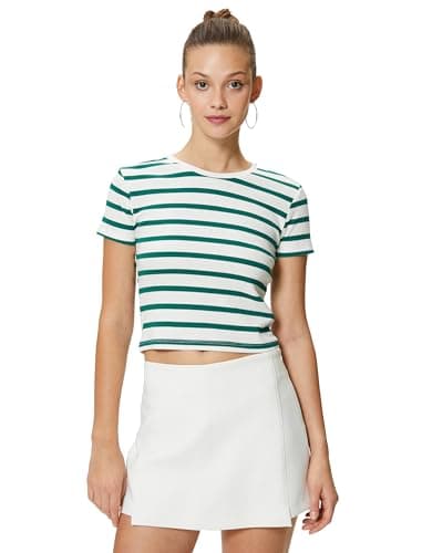 KOTON womens Crop Short Sleeve Crew Neck Viscose Fabric Blend Tshirt