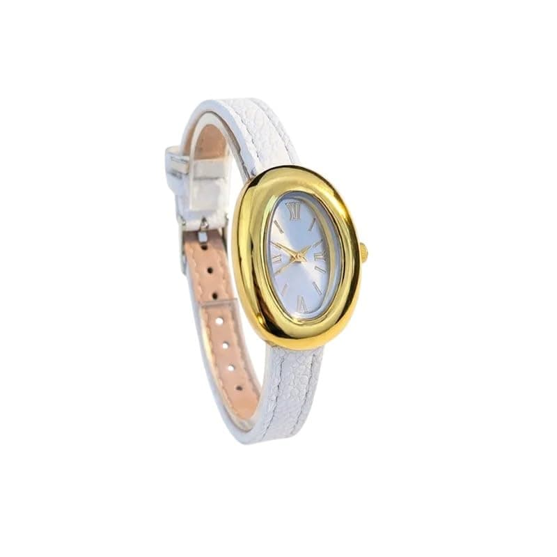 Women's Elegant Oval Watch with Comfortable Leather Strap, Precise Quartz Movement, Slim Fit for Daily and Formal Looks, Adds a Sophisticated Touch to Your Wrist (White)