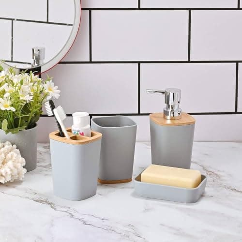 Generic 4-Piece Bathroom Accessory Set Grey Plastic & Wood, .rom Bathroom container set