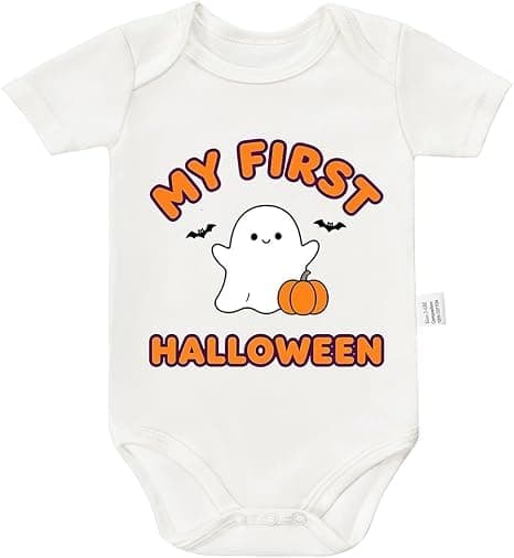 My First Halloween Baby Bodysuit, Ghost Print, Short Sleeve | Breathable Fabric, All-Day Comfort, Snap Closure, Newborn Outfit, Halloween Theme Leotard