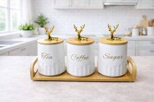 Generic Tea, Coffee and Sugar Canister Set, White with Gold Deer Lids, Bamboo Tray Included, 3 Piece, .Ais