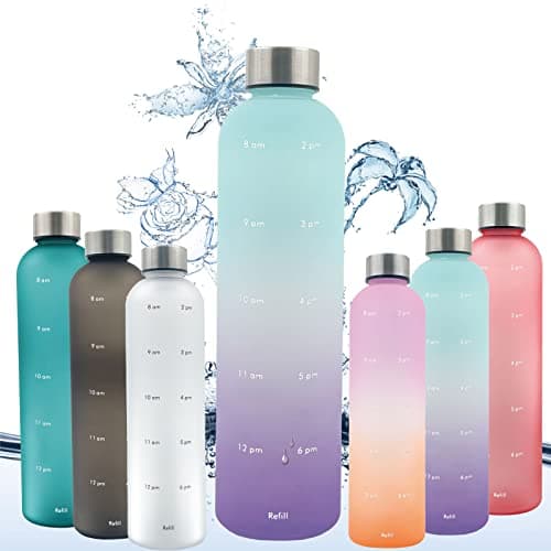 TOOGABBIE 1 Liter Water Bottle, Lightweight with Time Marker, Slim and Fashion Clear Water Bottle, Mint Motivational Measuring Time and Quantity BPA Free Frosted Plastic with Screw Down Lid for Gym,