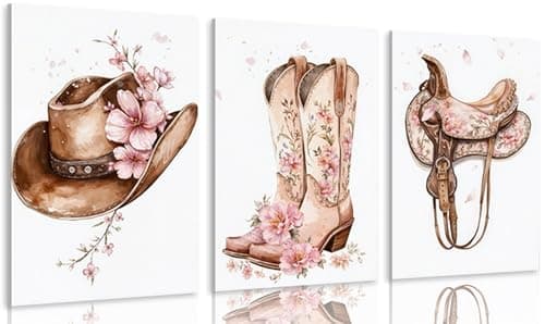 Tertiosh 3Pcs Western Cowgirl Canvas Wall Art Retro Western Flower Boots Hats Wall Decoration Pictures Girls Room Paintings Artwork Preppy Prints for Living Room Bedroom Dorm Decor 12x16in