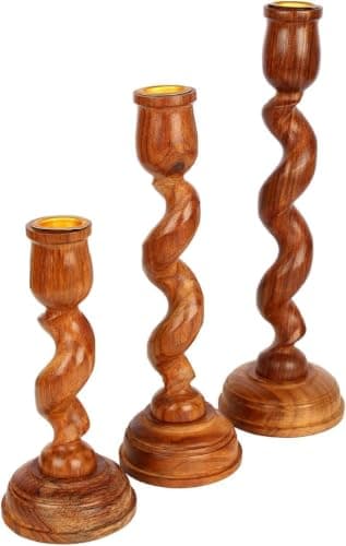 3-Piece Spiral Indian Sheesham Wood Candlestick Set Handmade Glossy Finish Candle holder