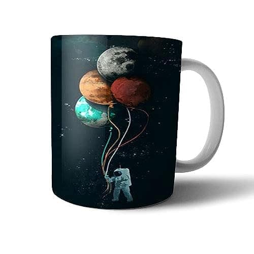 Ceramic Astronaut holding Planets as Balloons Print Mug - Multi Color Drinking cup