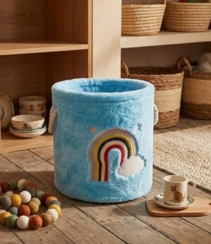 Generic Faux Fur Storage Basket, Light Blue, Rainbow Design, 30 x 30 cm, for Clothes and Toys, .ar