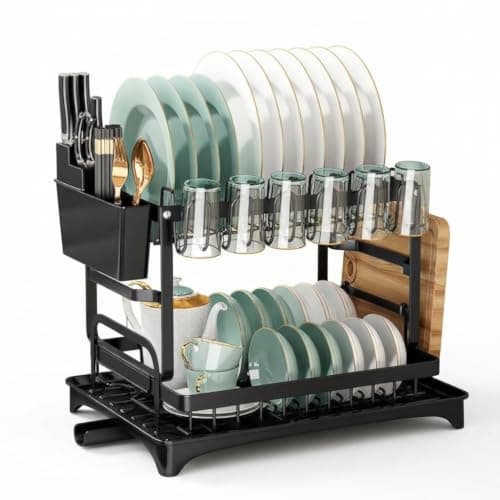 Multipurpose Kitchen Dish Rack – Dishes, Cups, Spoons, Forks, Cutters and Blanches Organizer | Gutter to Drain Water Directly for Sink – Black A