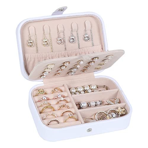 Small Jewelry Box, Double Layers Travel Jewelry Organizer for Women Girls, PU Leather Portable Mini Travel Case Display Storage Holder jewlwrybox for Earrings, Rings, Necklaces, Bracelets - White